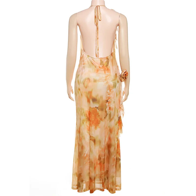 Women's Floral Applique Halter Maxi Dress