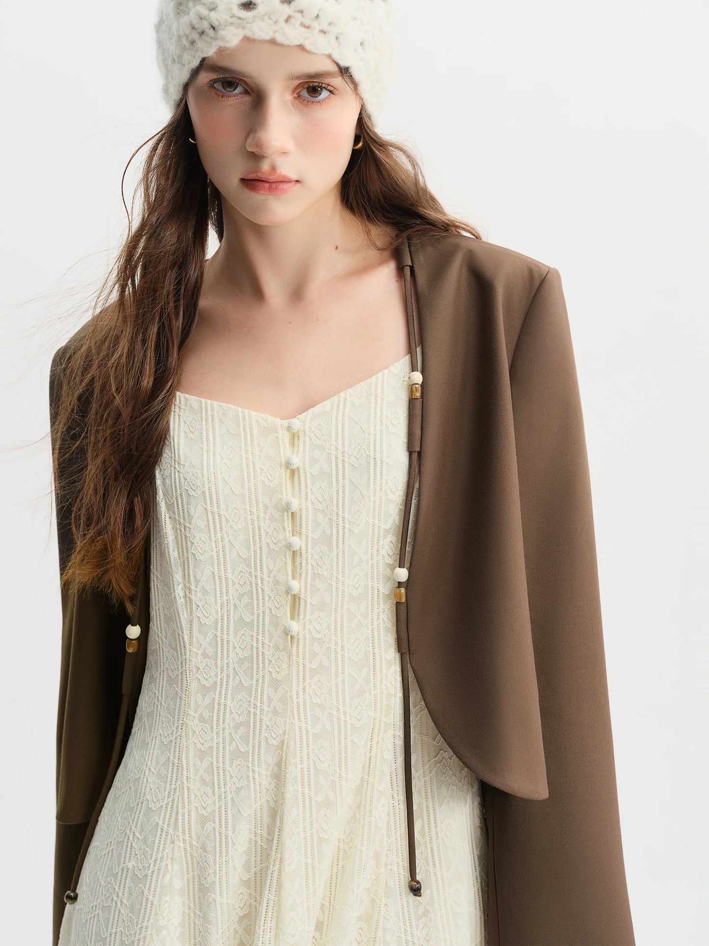 Plus Size Beaded String Design Curved Hem Short Jacket