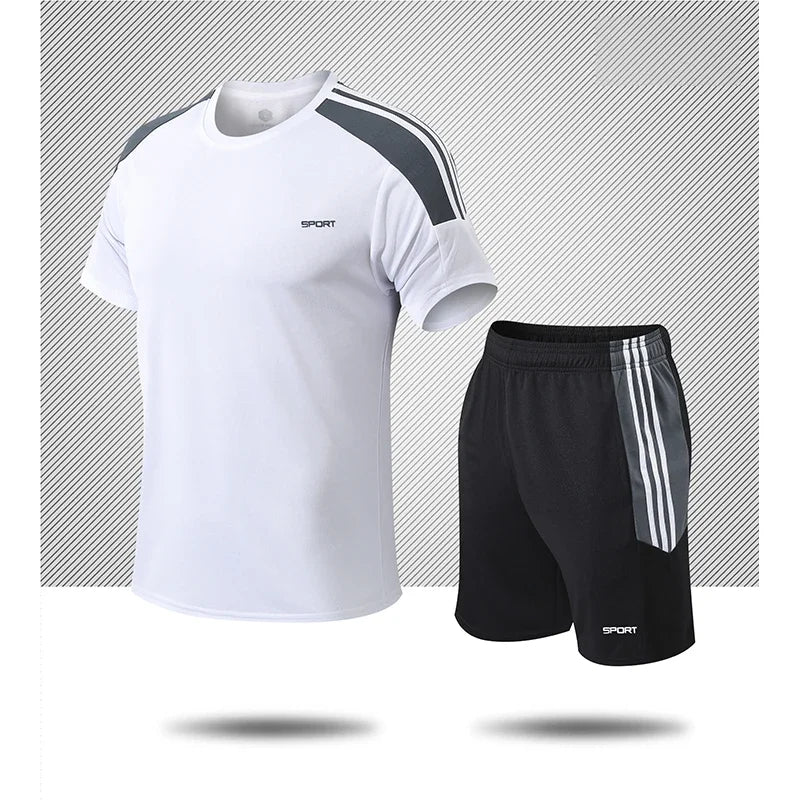 Men's Gym Suit Running Dry Fit Sports Jersey Basketball Breathable Short Sleeve Outdoor Football 2pcs Set
