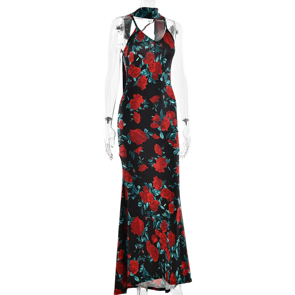 Women's Floral Print V Neck Scarf Draped Maxi Summer Backless Outfit Party Dress