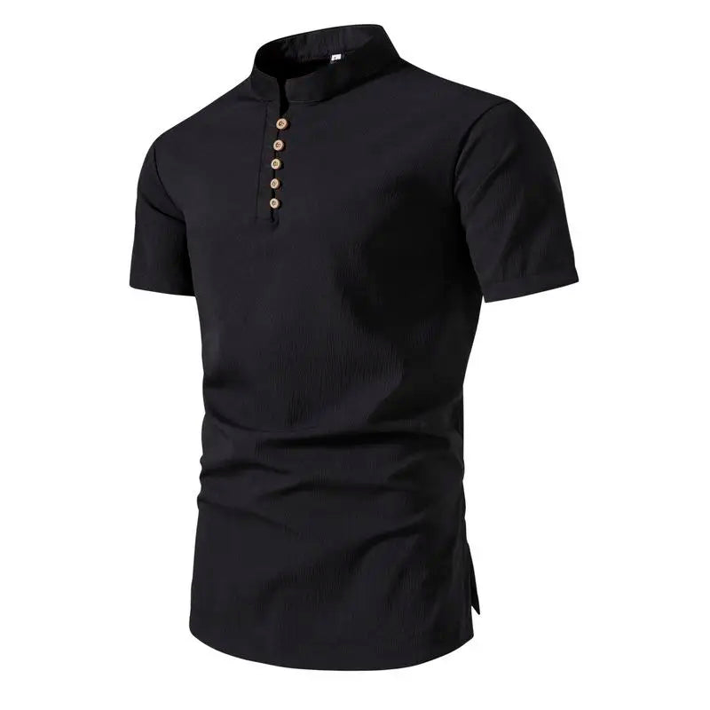 Men's Summer Stand Collar Short Sleeve Casual Slim Fit Pullover Shirt