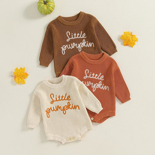 Baby Pumpkin Knit Romper - Long Sleeve Halloween Jumpsuit (0-18M)