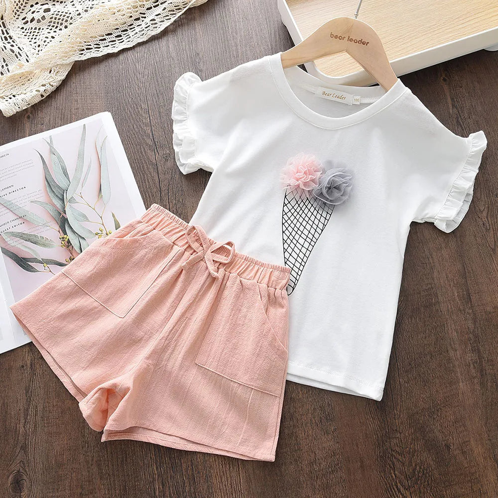 Girls Summer Feather Outfit Set - Sleeveless Top & Bandage Shorts