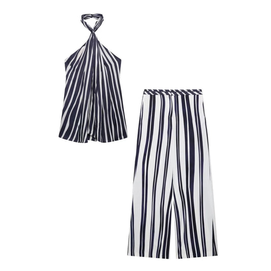 Women's Striped Collar Top & Mid Waist Loose Pants Set