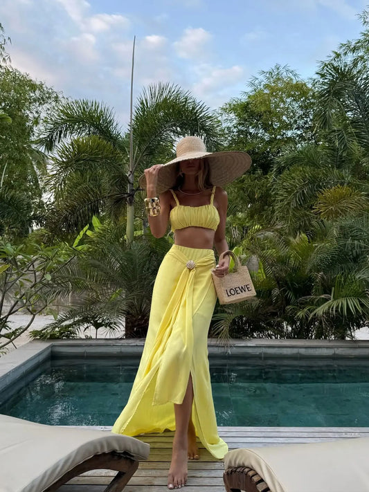 Women's 3-Piece Crochet Knit Skirt Set - Bandage Top & Maxi Skirt