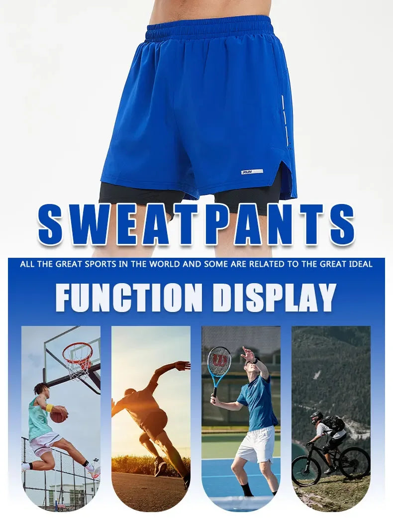 Men's Summer Swim Gym Sportswear 2 in 1 Compression Jogging Shorts Beach Casual Pants Double-deck Bottoms with Zipper Pockets