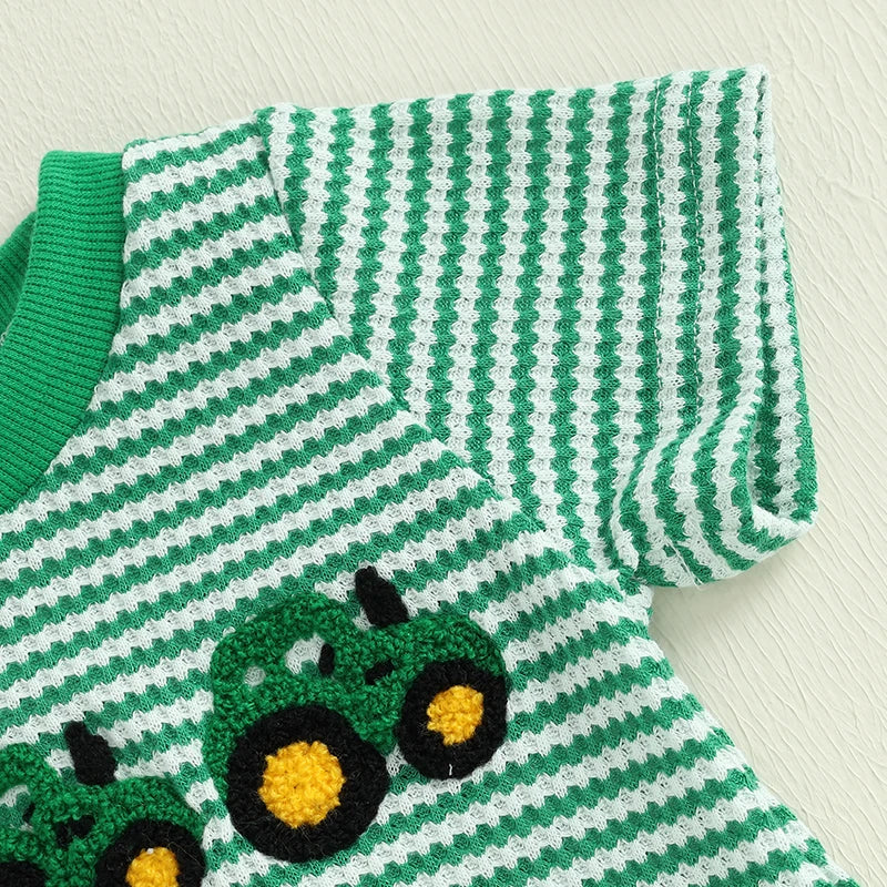 Baby Waffle Truck Embroidery Romper - Stripe Print Summer Jumpsuit (0-18M)