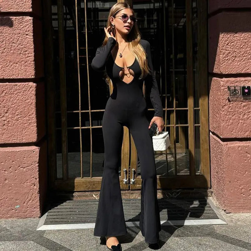 Women's Cut Out Bodycon Jumpsuits Casual Outfits Long Sleeve Unitards Flare Pants Romper Overalls