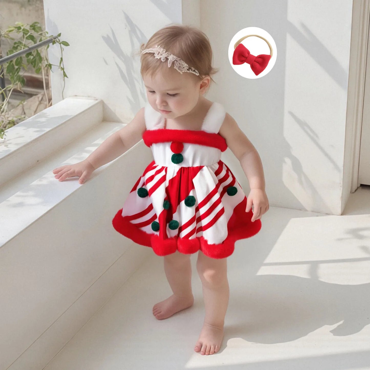 Baby Girls Princess Christmas Romper Dress with Bow Headband - Gingerbread Design