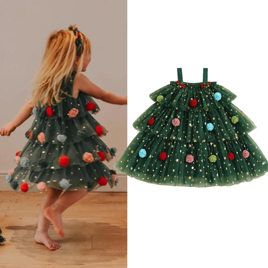 Girl's Festive Dress - Star Lace Layered Tulle Sundress with Plush Ball