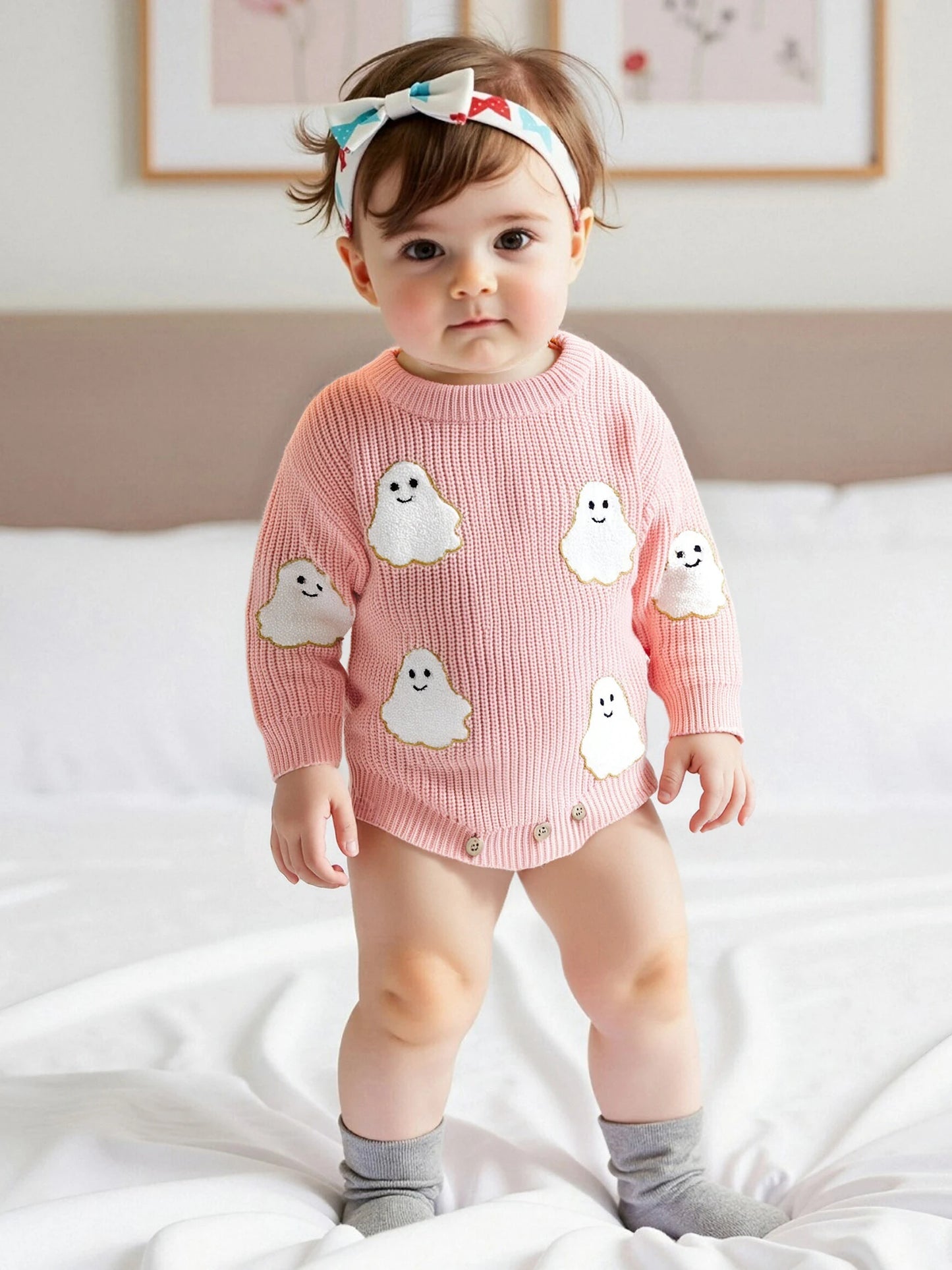 Baby Halloween Sweater Romper - Ghost Embroidery Crewneck Long Sleeve