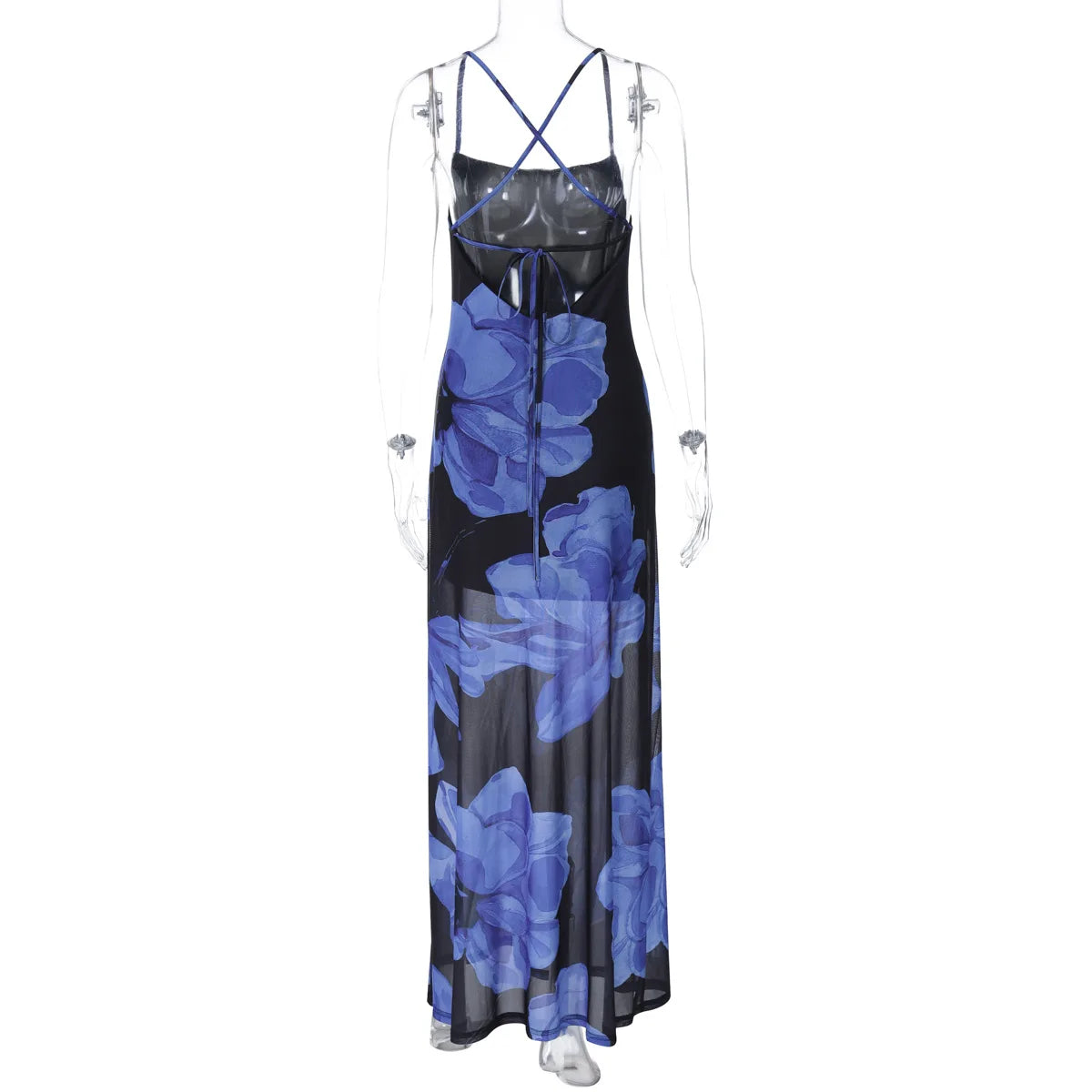 Women's Halter Mesh Sheer Floral Print Sheer Maxi Backless Summer Party Bandage Dress