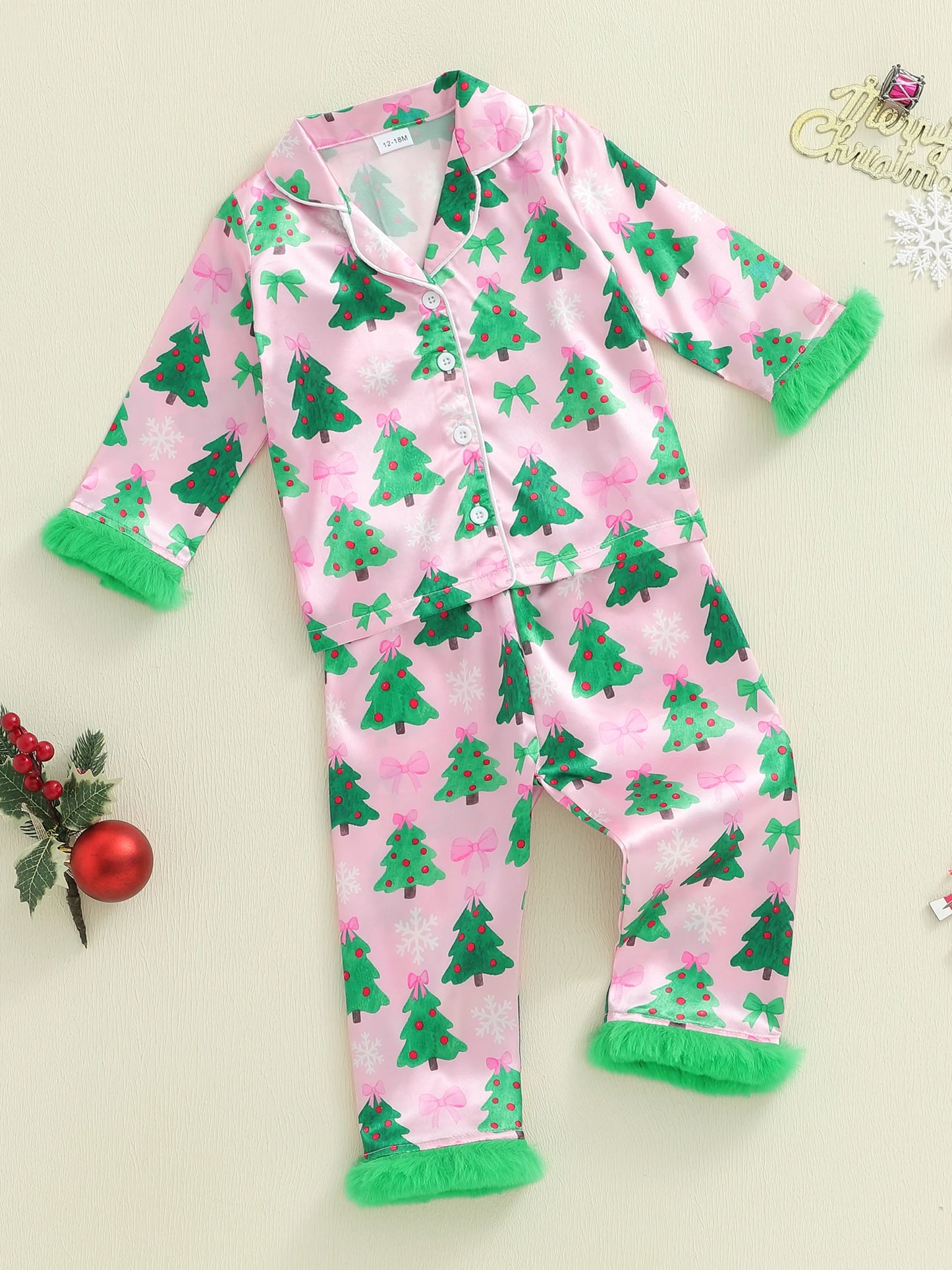 Kids Girls Christmas Satin Pyjamas Set - Tree Print Button Down Top & Pants (0-7Y)