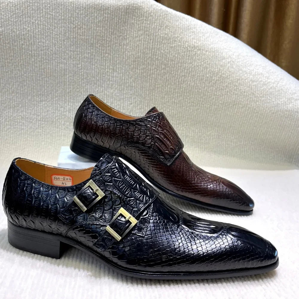 Men's Italian Genuine Leather Formal Oxford Python Crocodile Pattern Button Detailing for Office Party Wedding Shoes