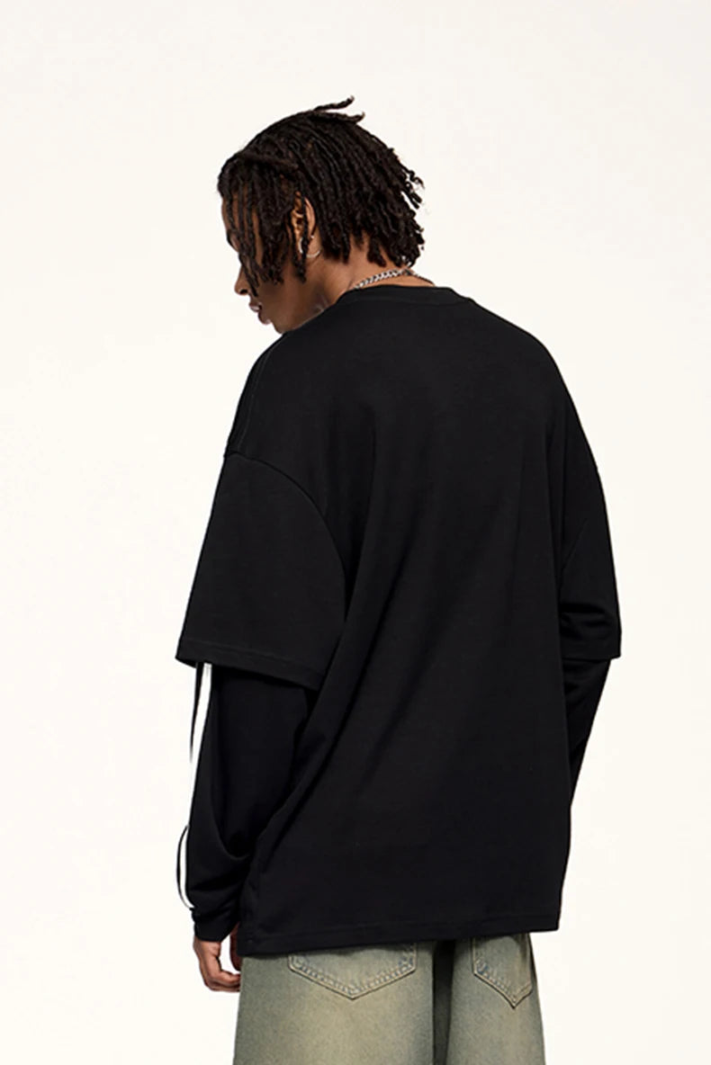 Unisex Retro Double Layer Streetwear Hip Hop Oversized Long Sleeve Sportswear T-Shirt