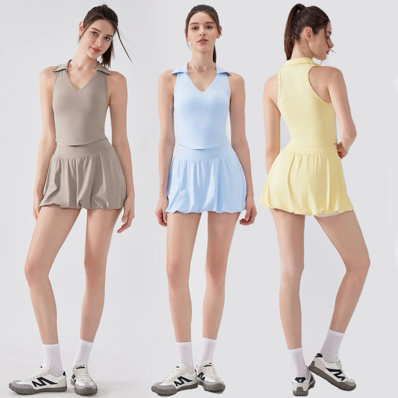 Women's Two Pieces Fitness Yoga Set - Breathable Tennis Skirt and Top Combo
