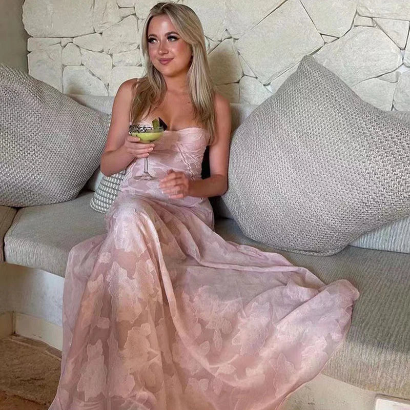Women's See Through Spaghetti Maxi Plunge Off Shoulder Floral Mesh Patchwork Long Dress