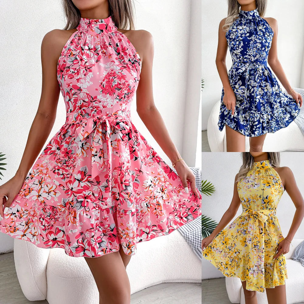 Women's Floral Halter Neck Sleeveless Lace Up Ruffled A Line Spring Summer Short Dress