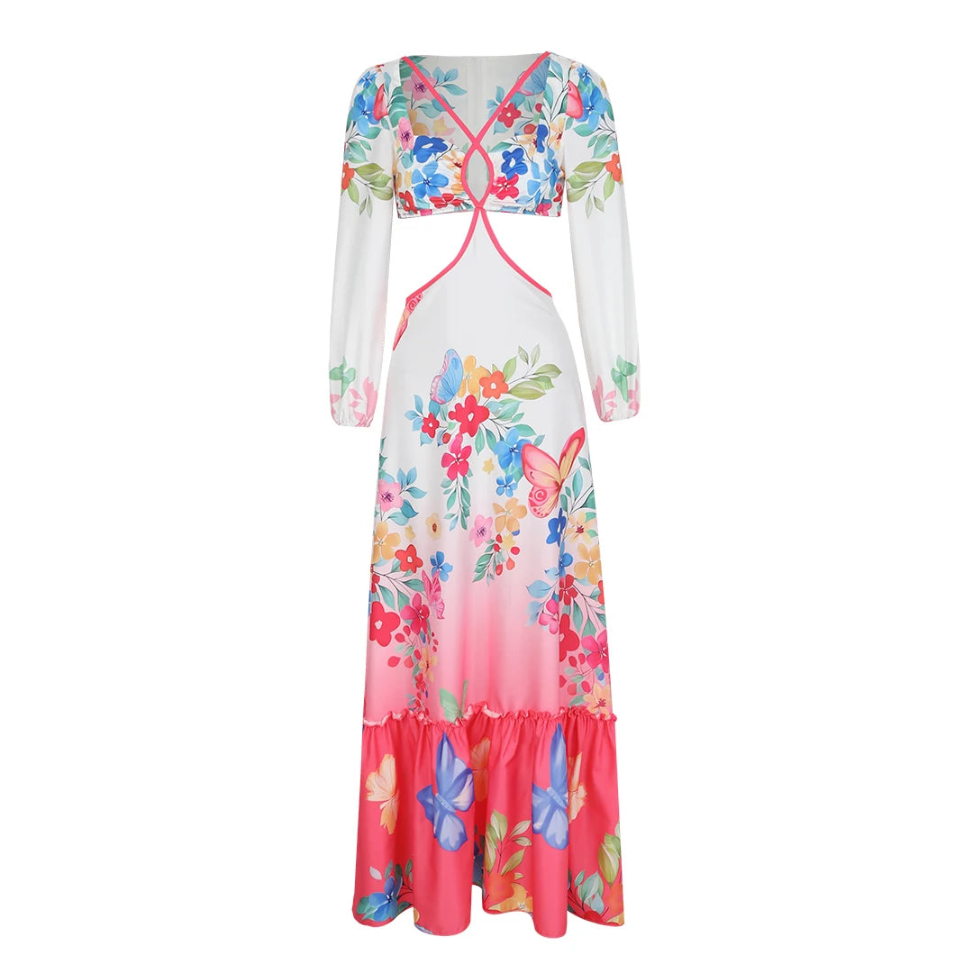 Women's Floral Print Long Sleeve Halter Naked Waist Long Summer Dress