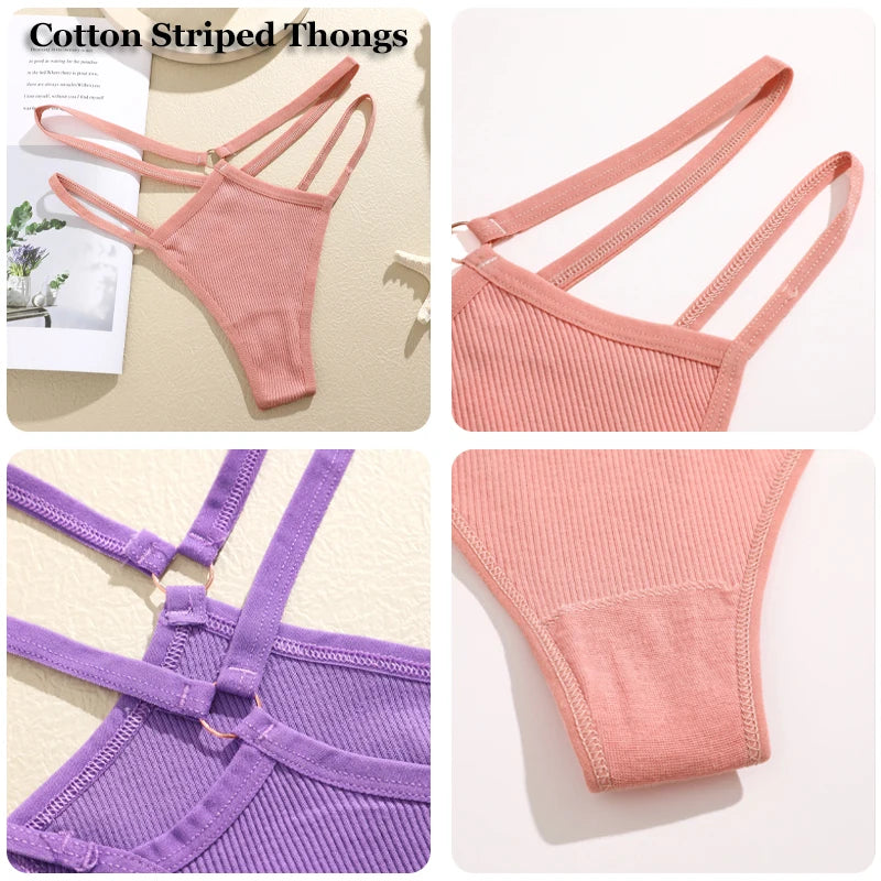 4-Pack Cotton Striped Thongs - Women's Low-Rise Breathable Underwear Set