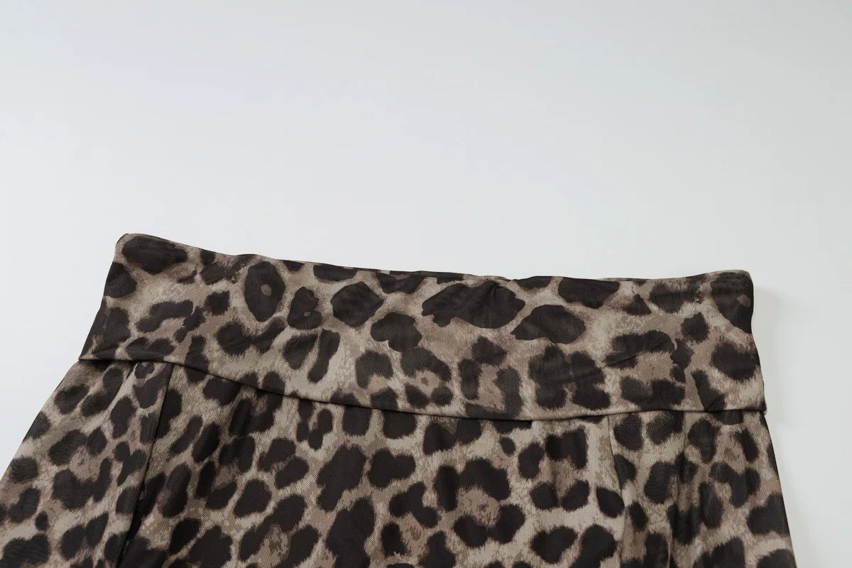 Women's Chic Off Shoulder Leopard Print Long Sleeve Mesh Sheer Slim Cropped Top Coquette