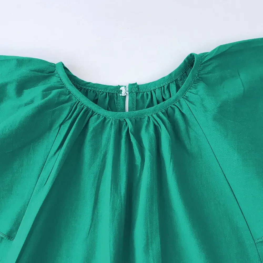 Girls Summer Outfit Set - Green Round Neck Top & Shorts