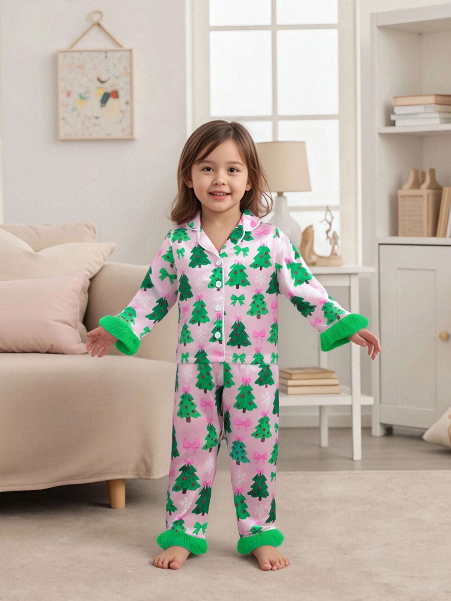 Kids Girls Christmas Satin Pyjamas Set - Tree Print Button Down Top & Pants (0-7Y)
