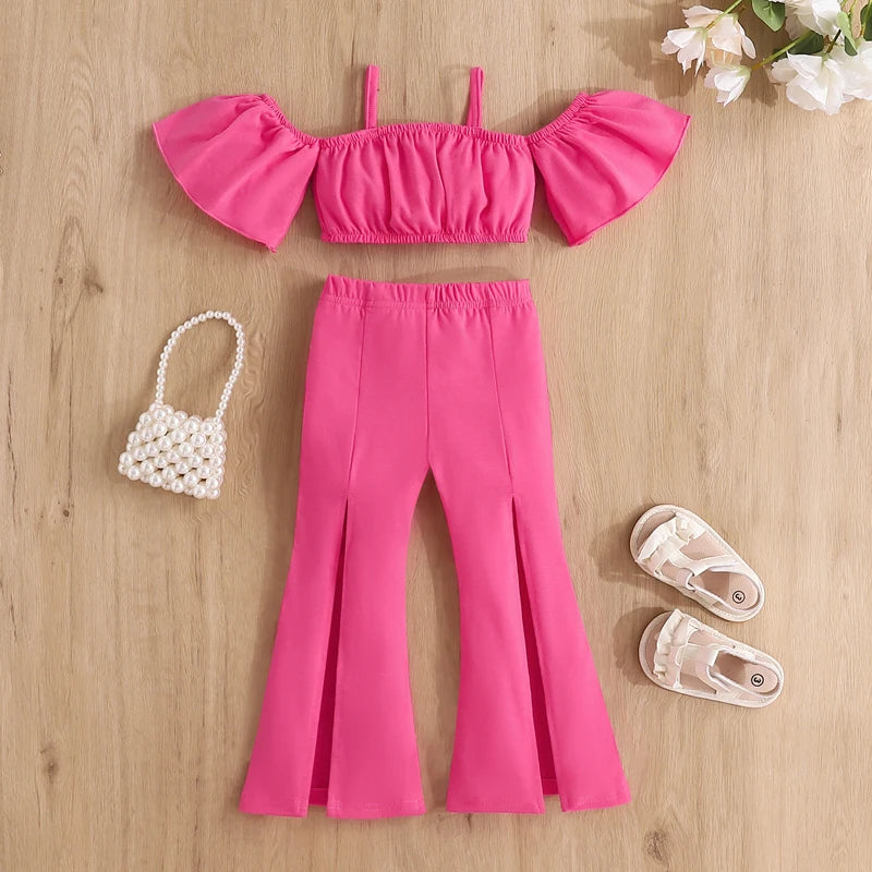 Little Girl's Summer Outfit Set - Off Shoulder T-Shirt & Denim Flare Pants