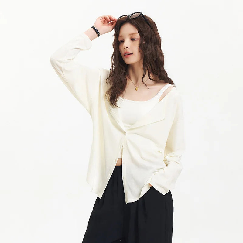 Women's Long Sleeve U-Neck T-Shirt - Minimalist Elegant Cardigan Style Top