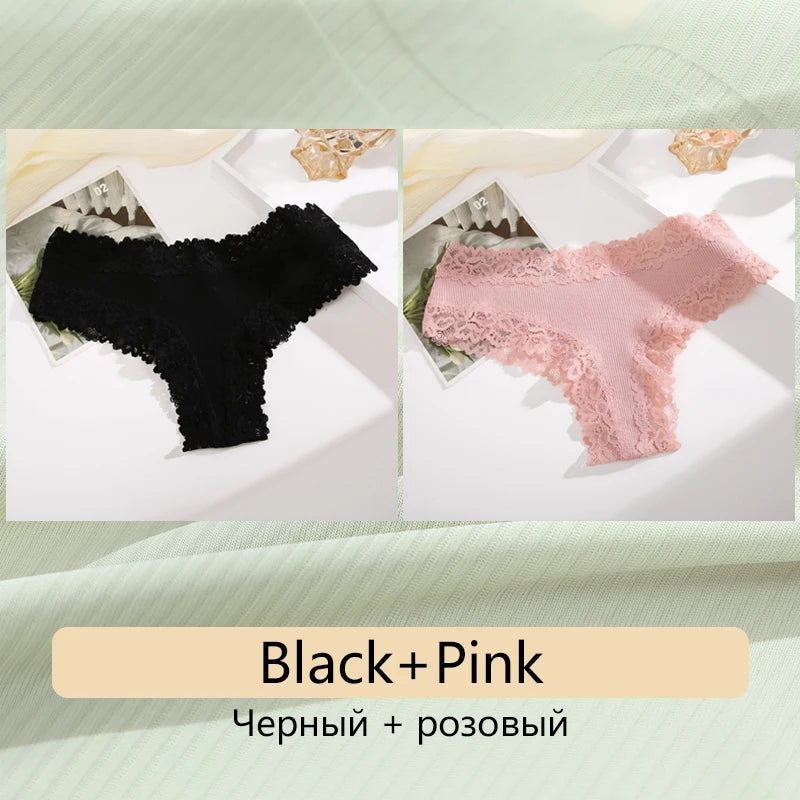 2PCS Women's Cotton Underwear - Lace Floral Low Rise Comfortable Lingerie