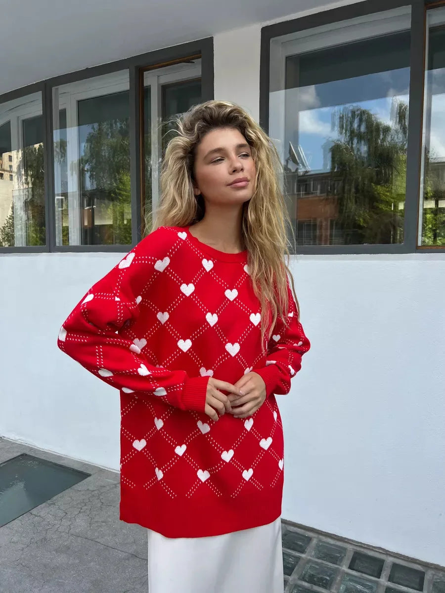 Women's Love Heart Printed Round-neck Pullover Sweater