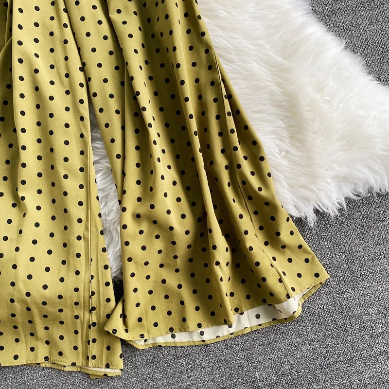 Women's V-Neck Polka Dot Jumpsuit - Wide Leg Trousers with Dolman Sleeves