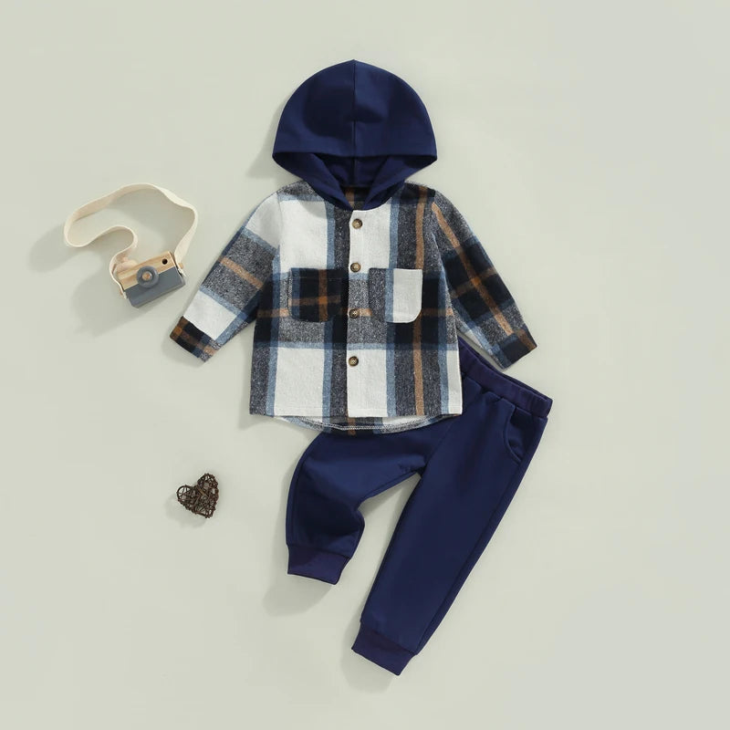 1-6Y Autumn Causal Kids Boys Clothes Sets 2pcs Plaid Printed Patchwork Hooded Long Sleeve Jacket and Trousers