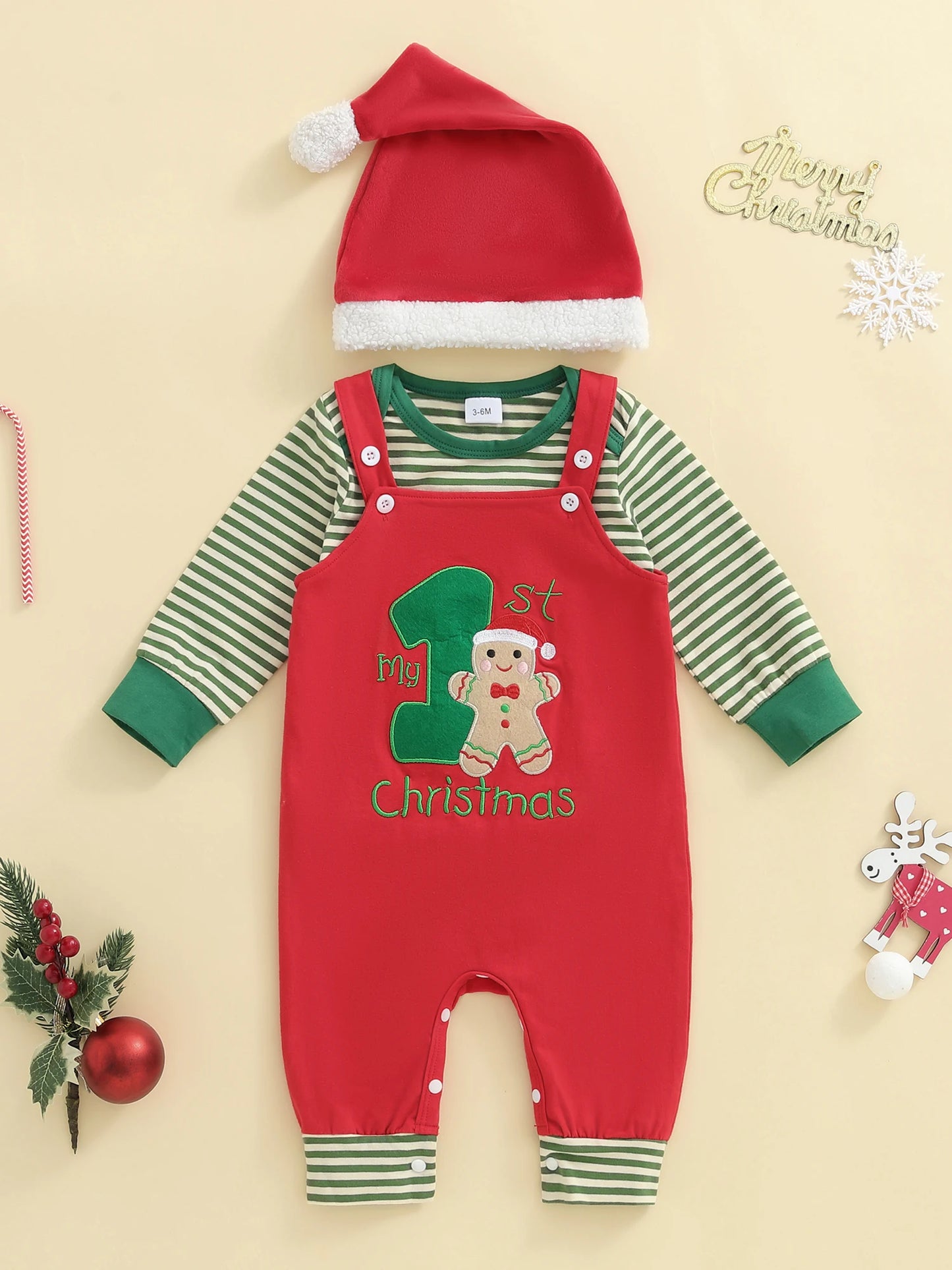 Newborn Baby Boys Fall Winter Christmas Clothes Set - Stripe Long Sleeve Romper, Embroidery Overall Pants & Hat