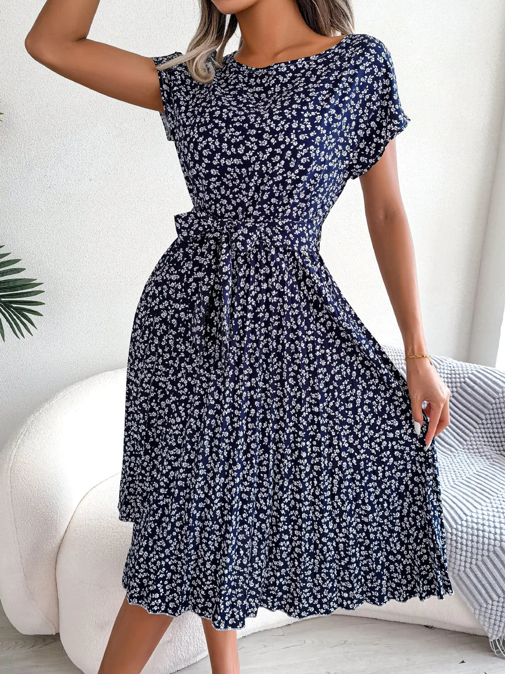 Women's Floral Pleated A Line Long Spring Summer Short Sleeve High Waist Chic Dress