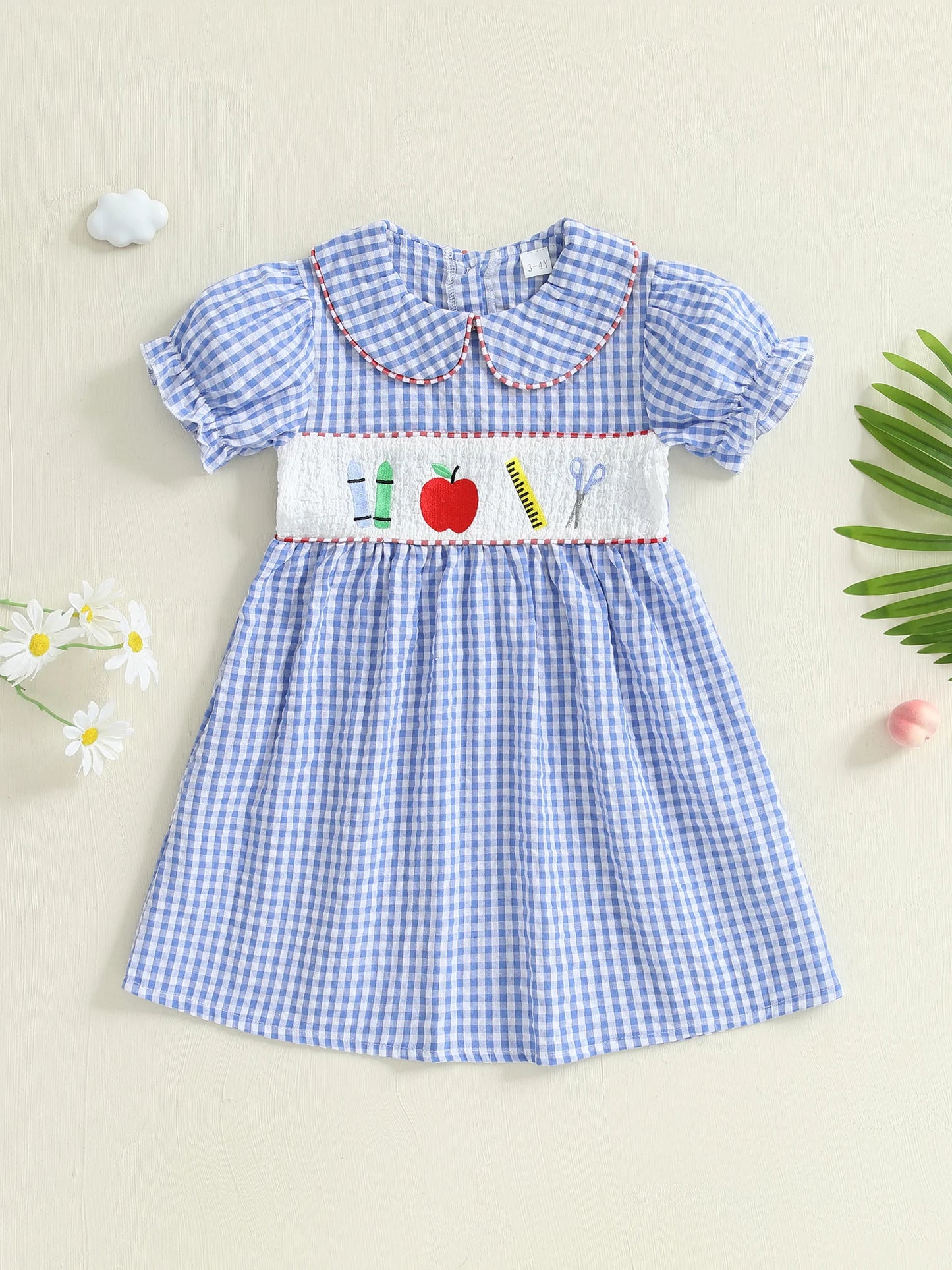 Girl's Back to School Dress - A-Line Embroidered Plaid Doll Collar Bubble Sleeve
