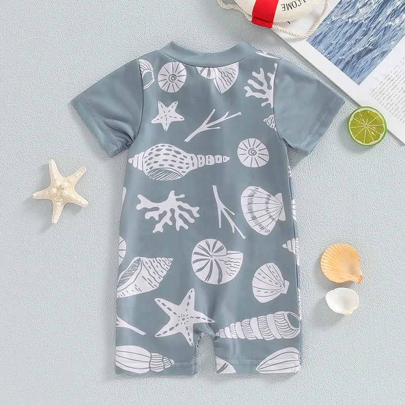 0-3Y Infant Baby Boys Summer Swimwear Cute Sea Element Prints Zipper Short Sleeve Swimsuit Beachwear