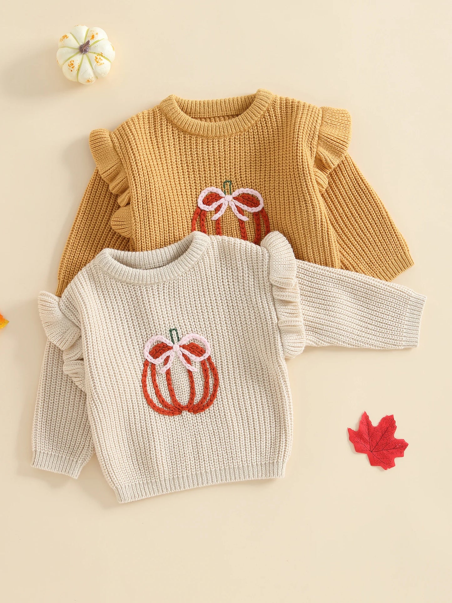Baby Fall Sweater - Bow Pumpkin Embroidery Round Neck Knit Pullover