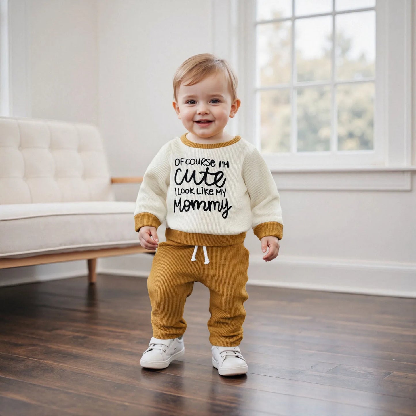 Baby Boys Letter Print Outfit Set - Long Sleeve Crew Neck Sweatshirt & Elastic Waist Pants (0-3Y)