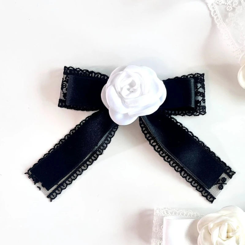 Elegant Black Lace Bow Tie Brooch - Camellia Flower Lapel Pin