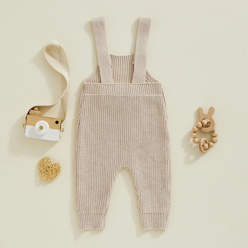 0-3Y Baby Boys Girls Overalls Jumpsuits Sleeveless Front Pocket Solid Colour Knitted Romper Outfit