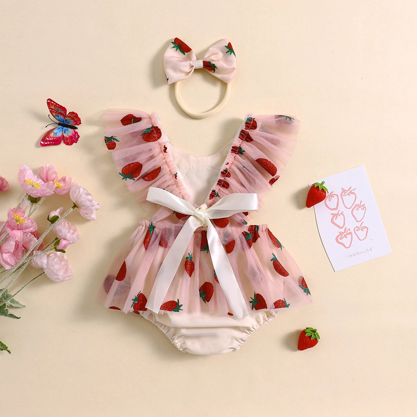 0-18M Princess Baby Girls Summer Romper Dress Strawberry Embroidery Fly Sleeve Mesh Tulle Jumpsuit with Bow Headband