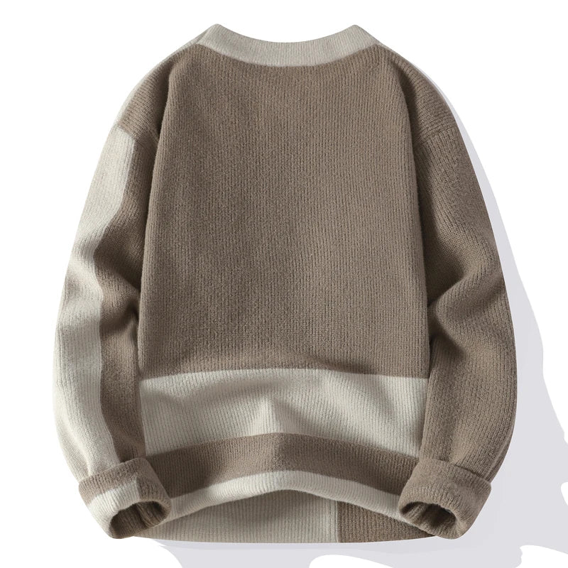 Men's Autumn Winter Casual O-Neck Patchwork Knitted Pullover Sweater