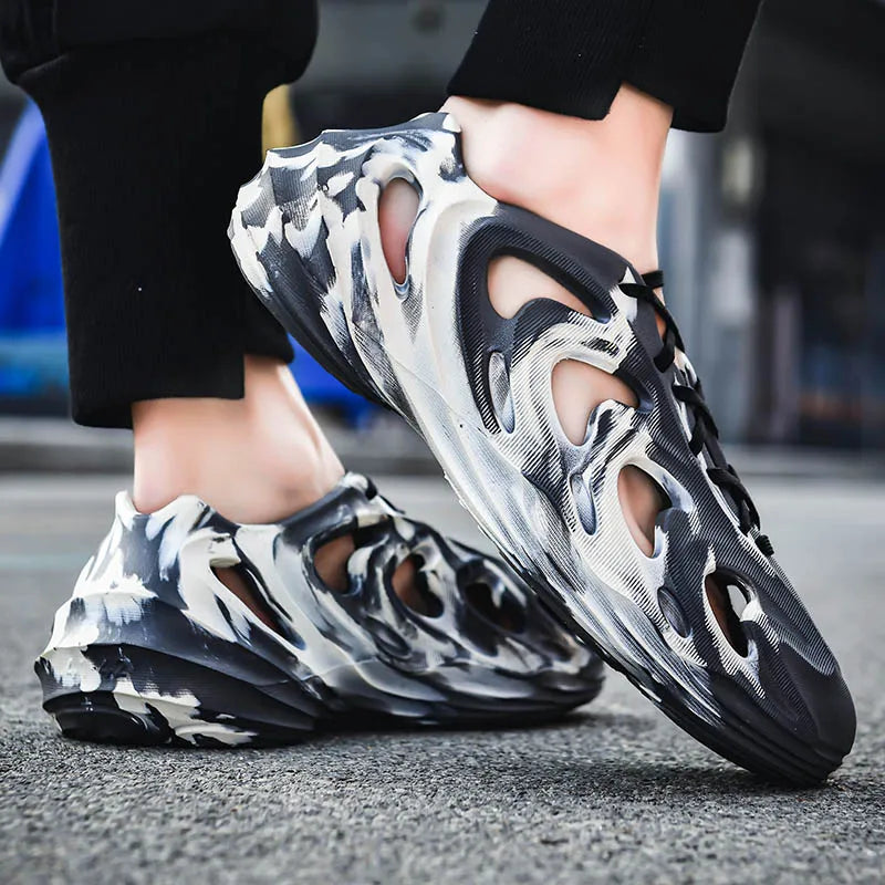 Men's Slippers Camouflage Design Platform Sandals Lace Up Beach Slippers Casual Outdoor Crocs Clogs