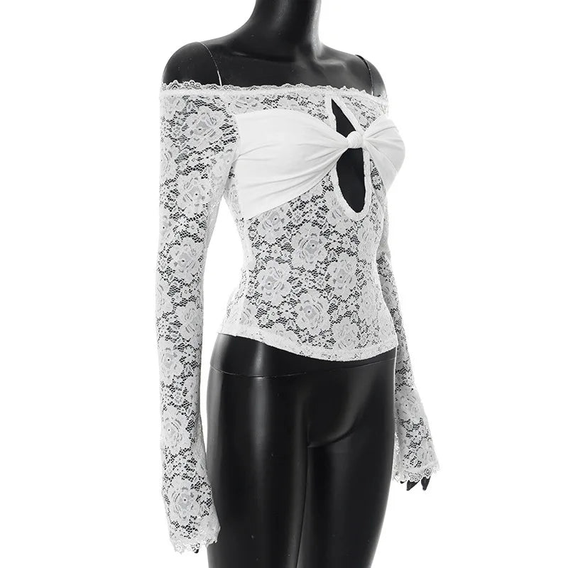 Women's Cut Out Lace Long Sleeve Top - Off Shoulder White Twist Front