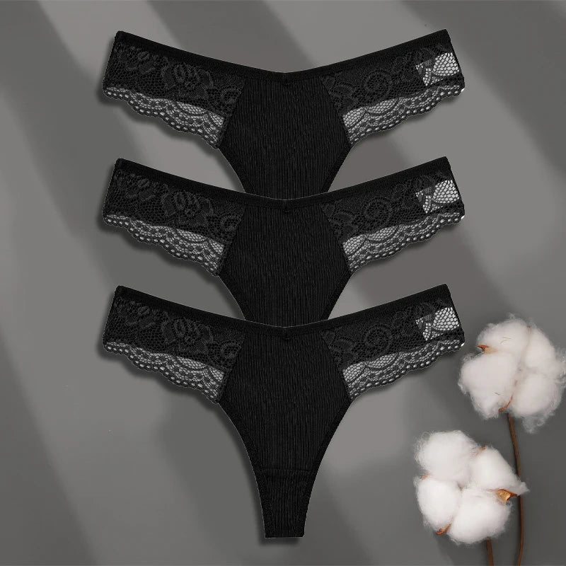 Cotton Lace Thongs - 3 Pack Low Waist Bikini Panties