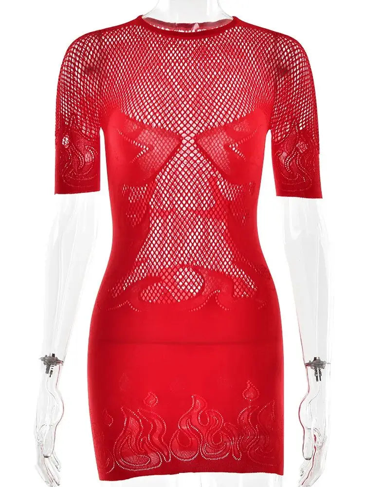 Knit Cut-Out Sheer Dress - Short Sleeve Column Party Dress and Cover Up