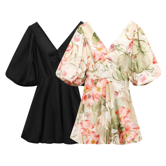 Women's Elegant V-Neck Summer Dress - Bubble Sleeves Waist Cinching Fluffy Skirt