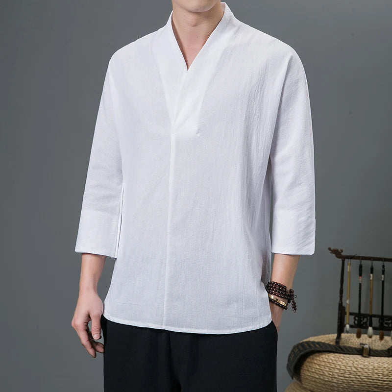 Men's Pullover V Neck Three Quarter Kimono Linen Shirt