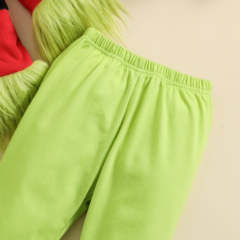 Kids Christmas Outfit Set - Furry Plush Patchwork Top & Elastic Waist Pants
